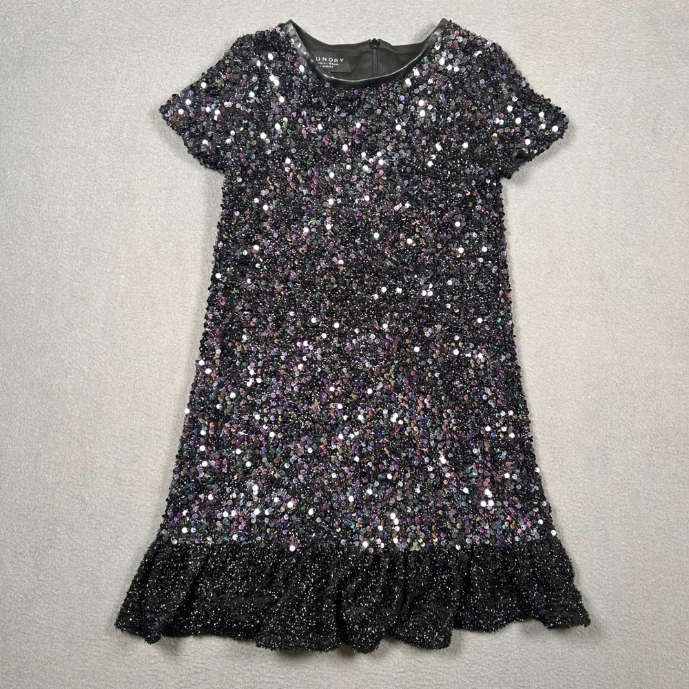 Laundry by Shelli Segal Dress Girls 7 Black Sequin Ruffle Hem Faux Leather Trim